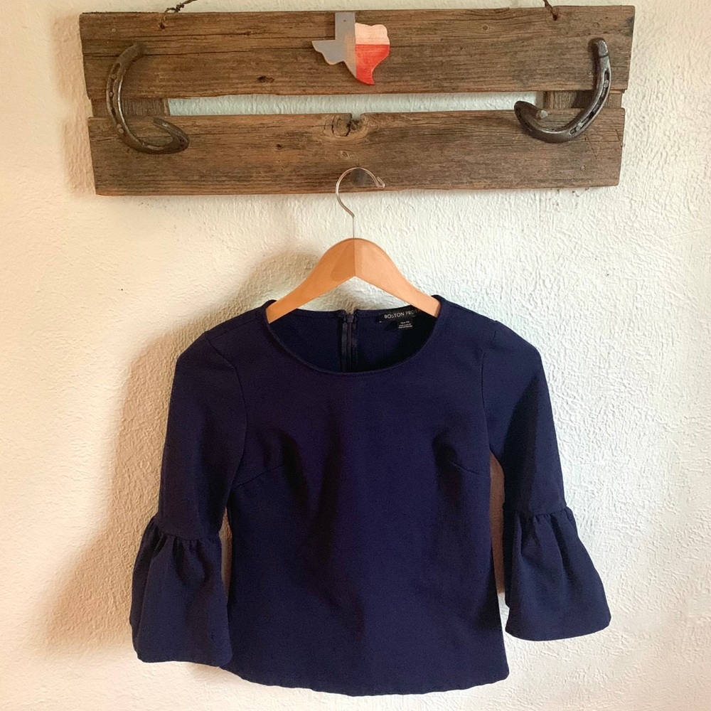 Boston Proper navy blue  3/4 bell sleeves blouse minimalist elegance